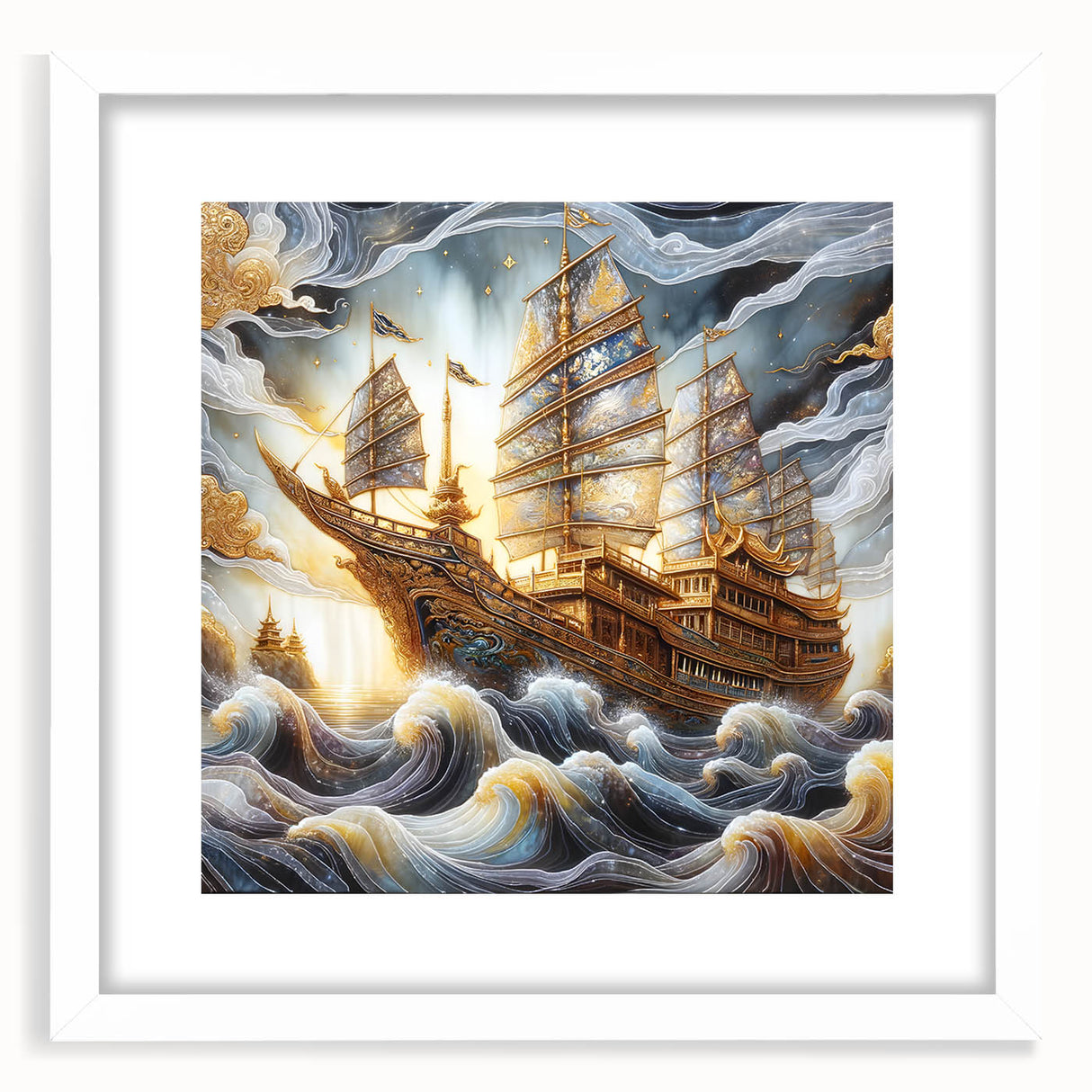 Abstract art print of a stylized ship in monochrome blue tones on a white framed canvas, suitable for dining room decor.