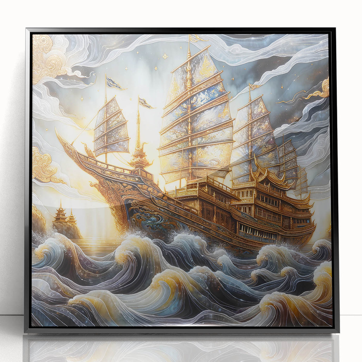 Framed acrylic print of a large abstract wall art depicting boats in muted blue and gray tones.
