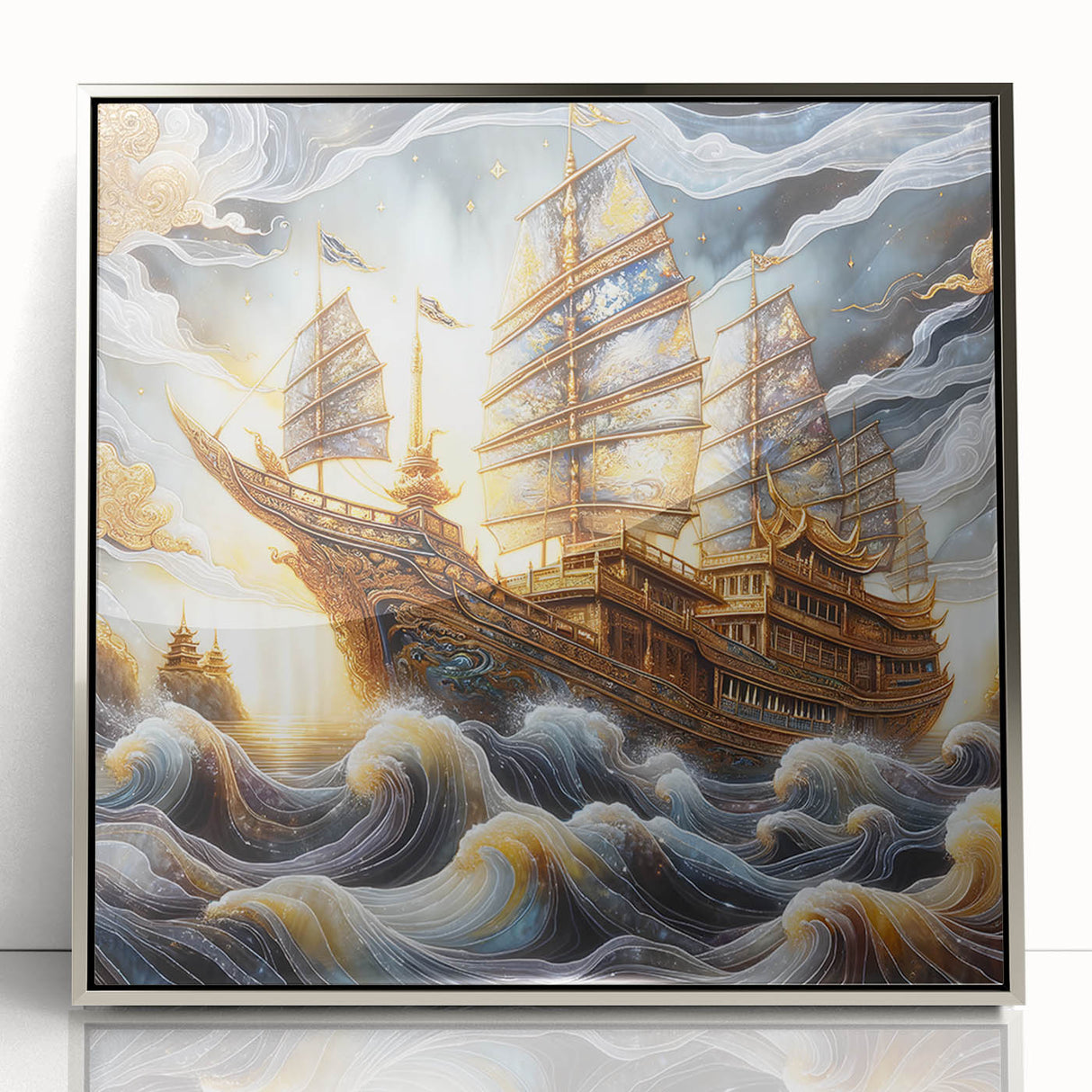 Mid-century modernist art depicting a ship on calm waters, in muted blue and gray tones, framed acrylic print.