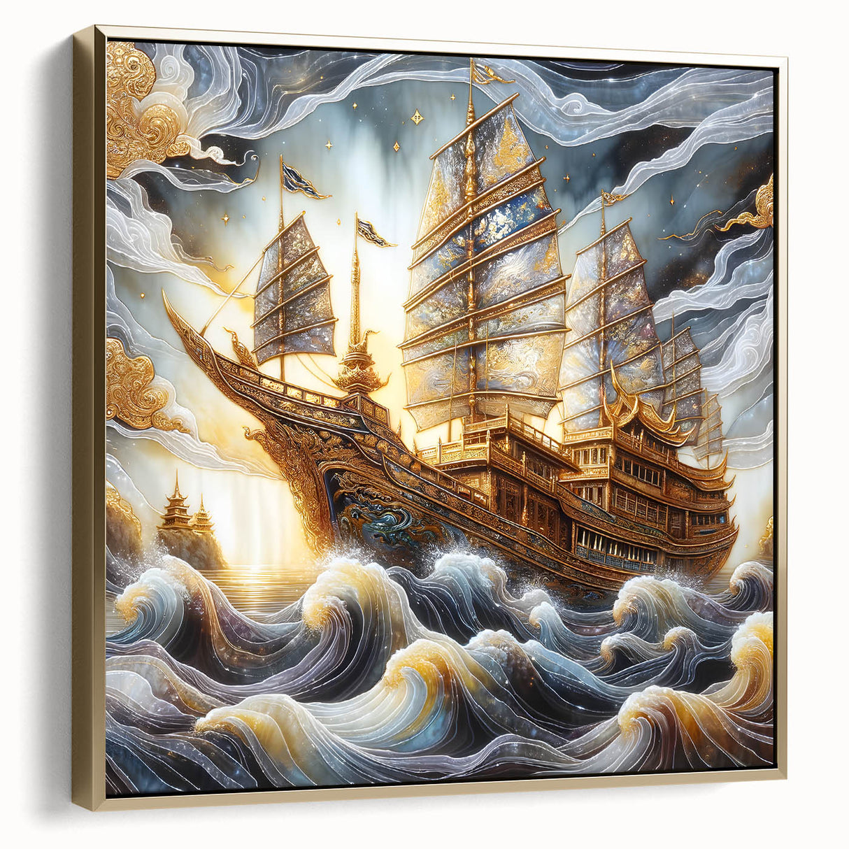 Framed canvas featuring a vintage black ship on a silver and gold backdrop, suitable as wall art for a bedroom.