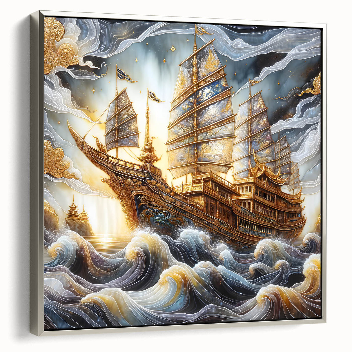 Framed canvas of a vintage ship on a colorful sea, ideal for enhancing a study or office space.