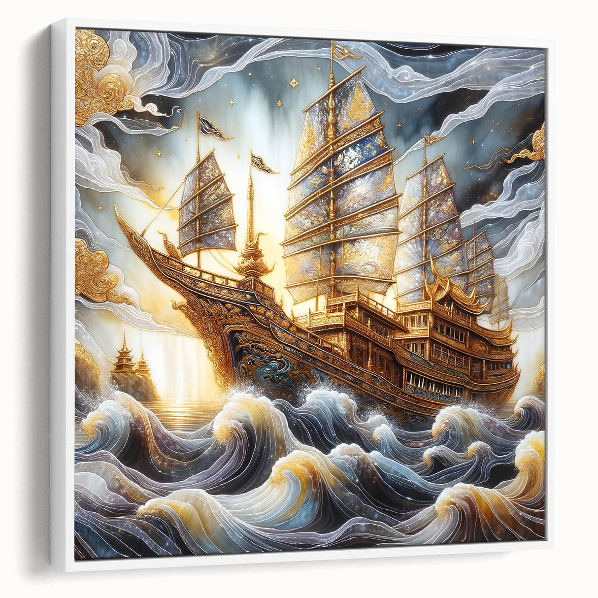 Framed canvas vintage poster art of a colorful ship on black background, ideal for living room decor.