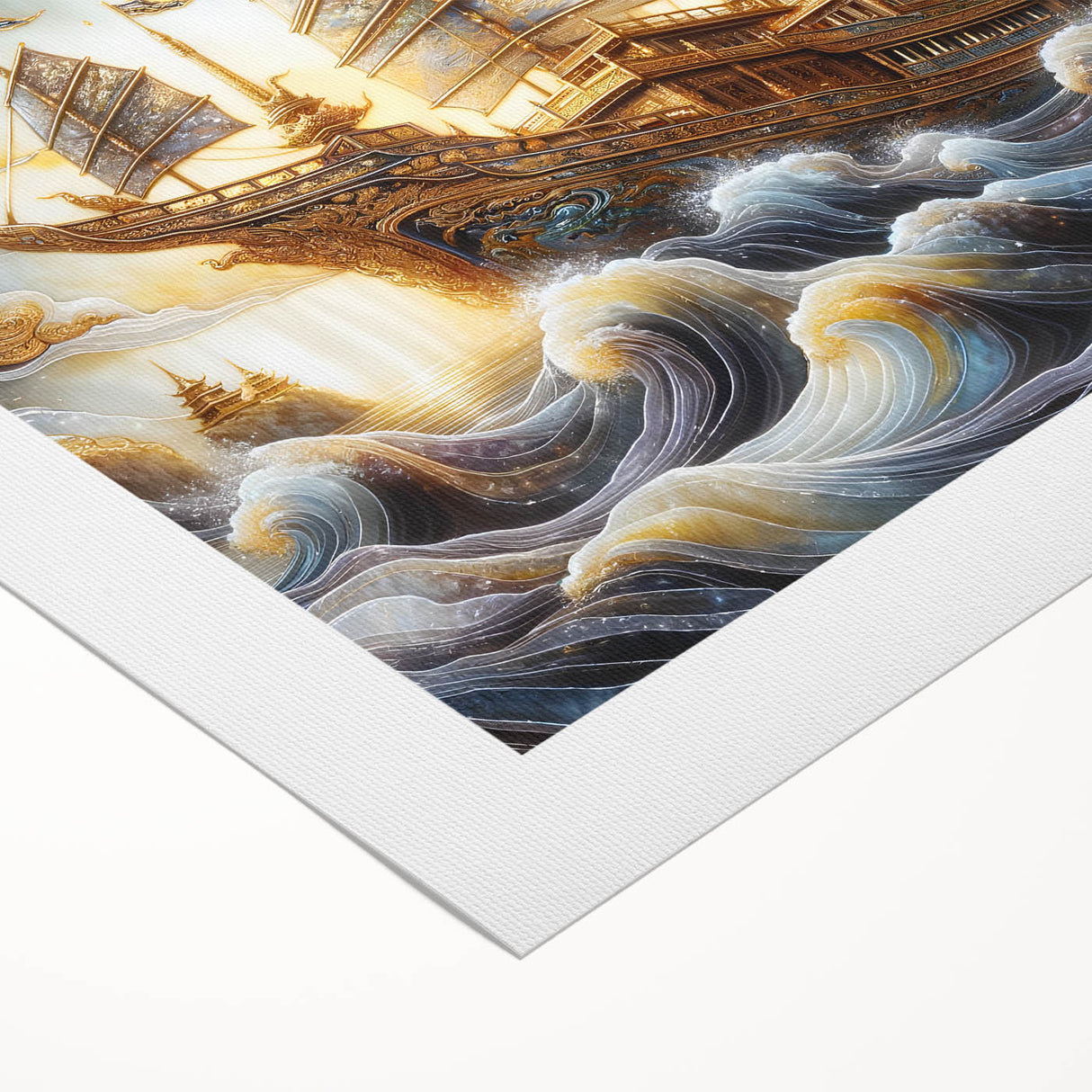 Art deco poster of a vintage ship in muted blue and white tones on rolled canvas, ideal for dining room wall decor.