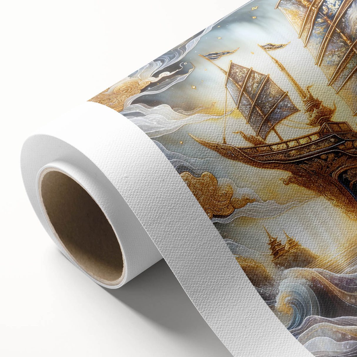 Art deco style poster of a vintage ship on rolled canvas, featuring pastel blue and pink tones, ideal for nursery wall art.