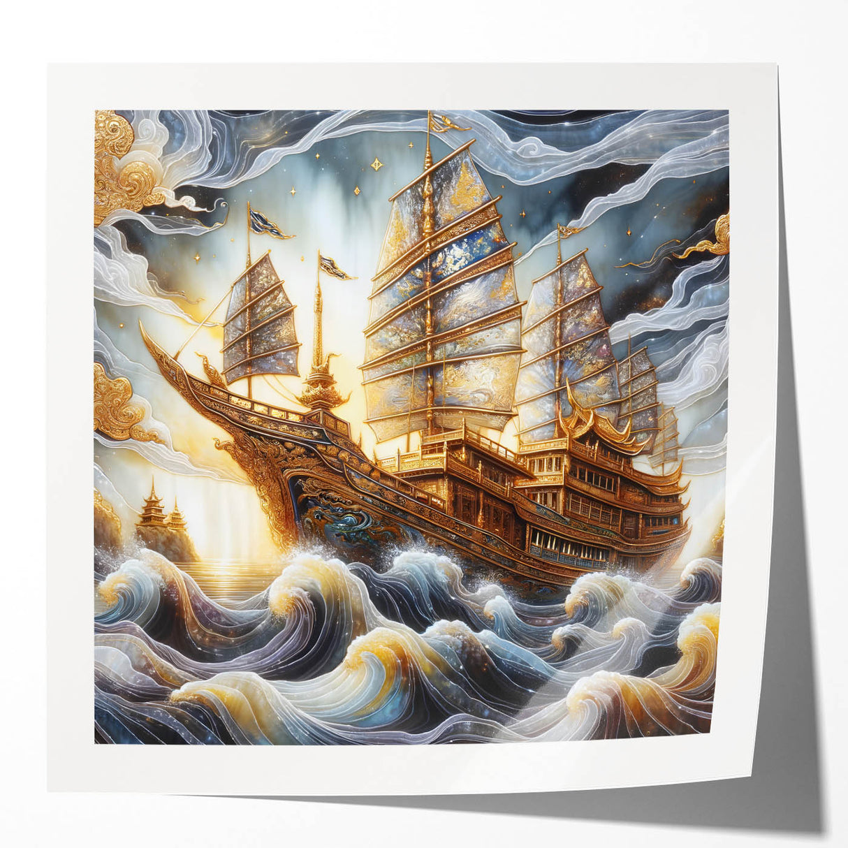 Rolled print of a ship on calm waters in muted blue and gray tones, suitable for dining room or bathroom decor.