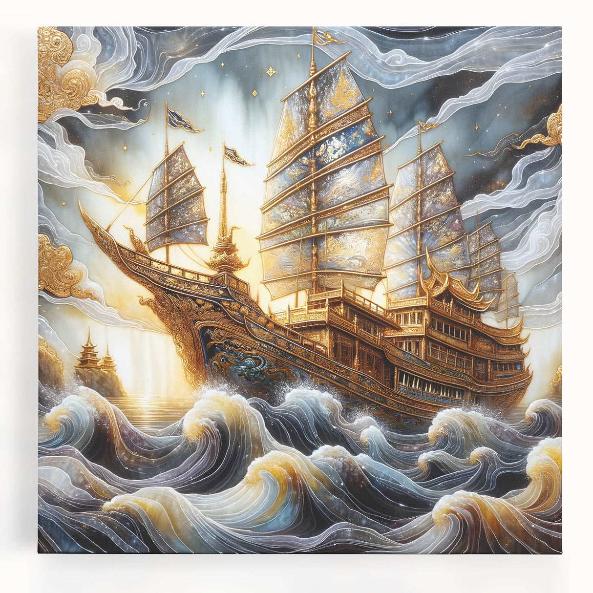 Black and white photo of a ship on calm waters, printed on large stretched canvas, suitable for kitchen wall art.