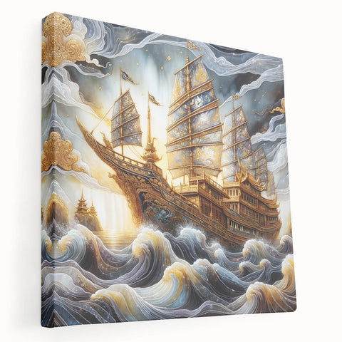 Large art print of a vintage ship in muted oceanic blues on stretched canvas, ideal for kitchen wall art.
