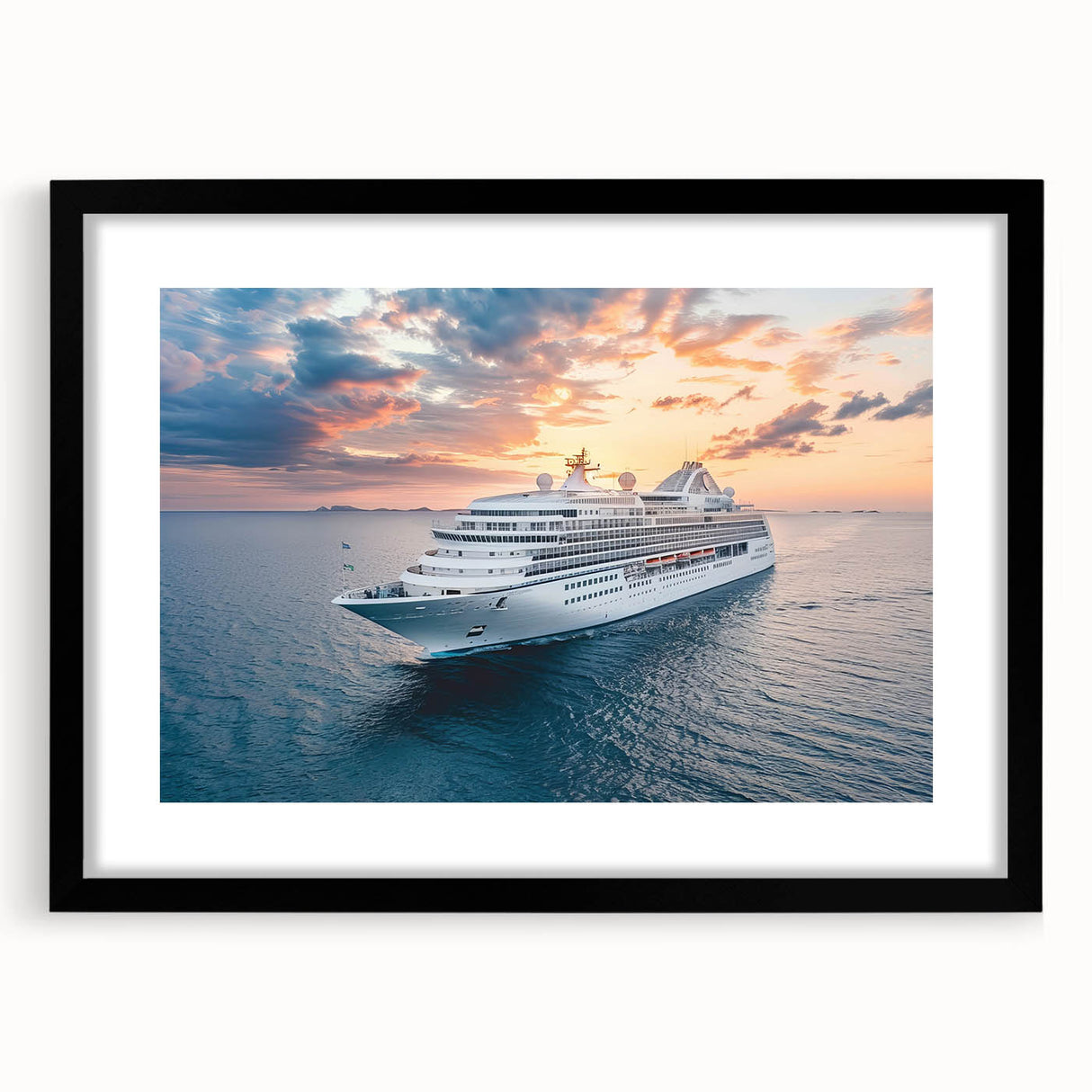 Extra large abstract art print of a colorful, textured boat, in a black frame with mat, ideal for living room decor.