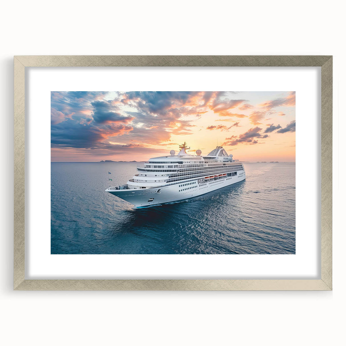 Textured abstract art print of a stylized ship, using muted blue and gray tones on a framed silver mat.