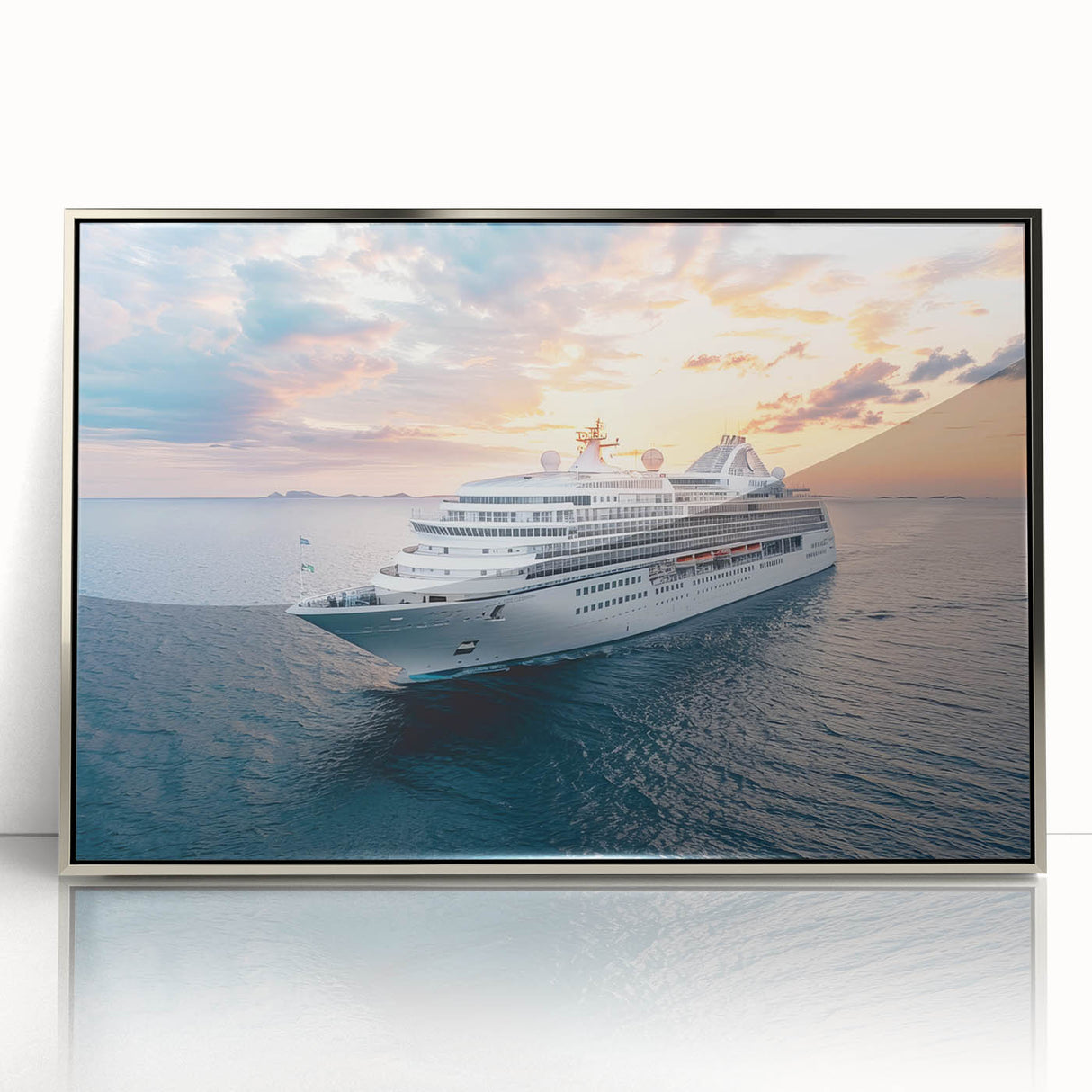 Mid-century modernist art of a ship in muted blue tones on a silver-framed acrylic, suitable for nursery wall art.