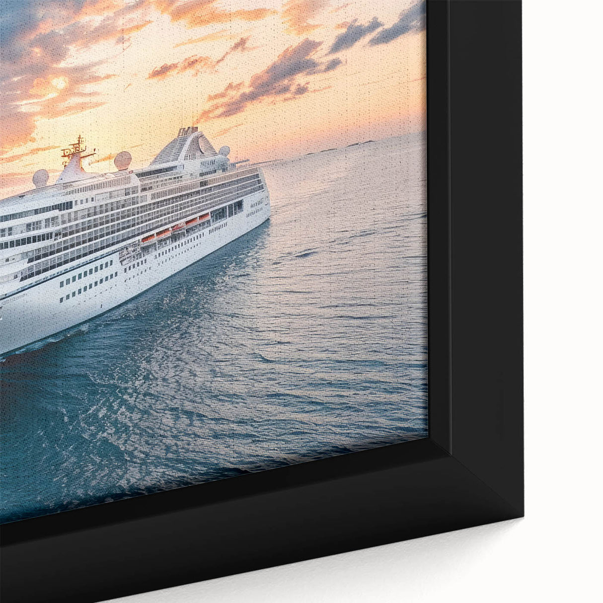 Black wall art featuring a close-up image of a ship, rendered in colorful textured paint on a framed canvas.