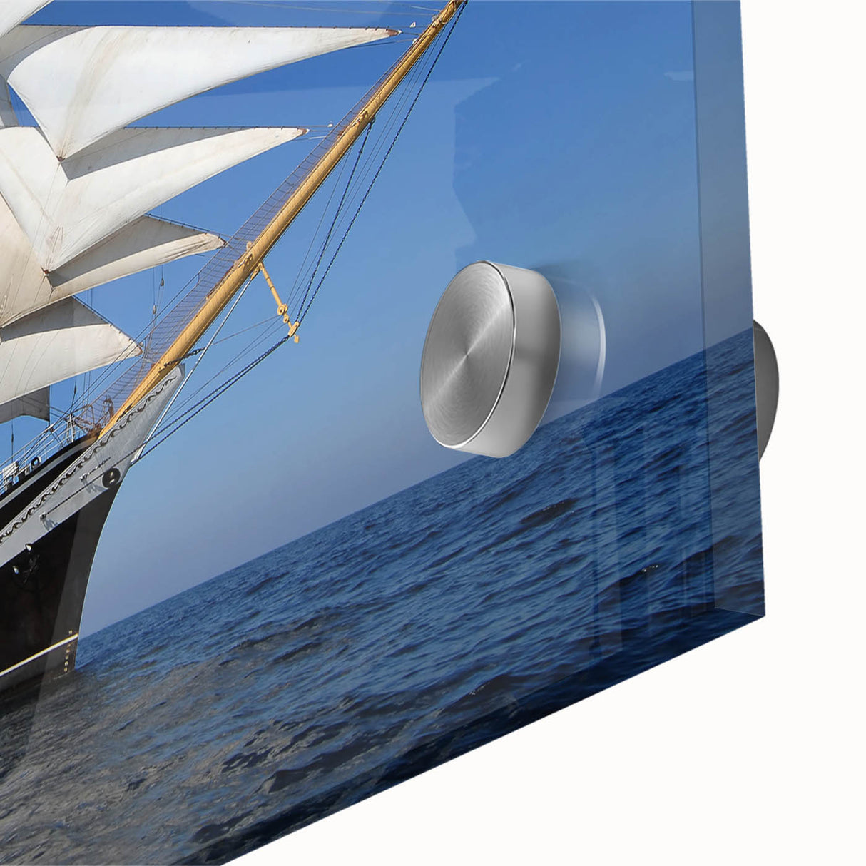 Large abstract wall art featuring mid-century modernist boats in muted blues and greens on acrylic glass.