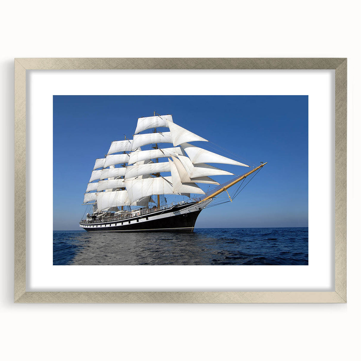 Textured abstract art print of a stylized boat, using blue and gray tones on a silver-framed mat, suitable for bedroom art.