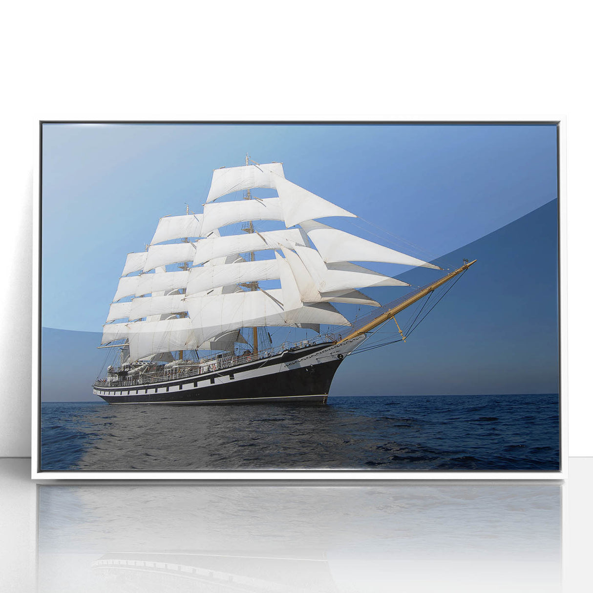 Acrylic print of an art deco style ship, in muted blues and whites, ideal for modern nursery wall art.