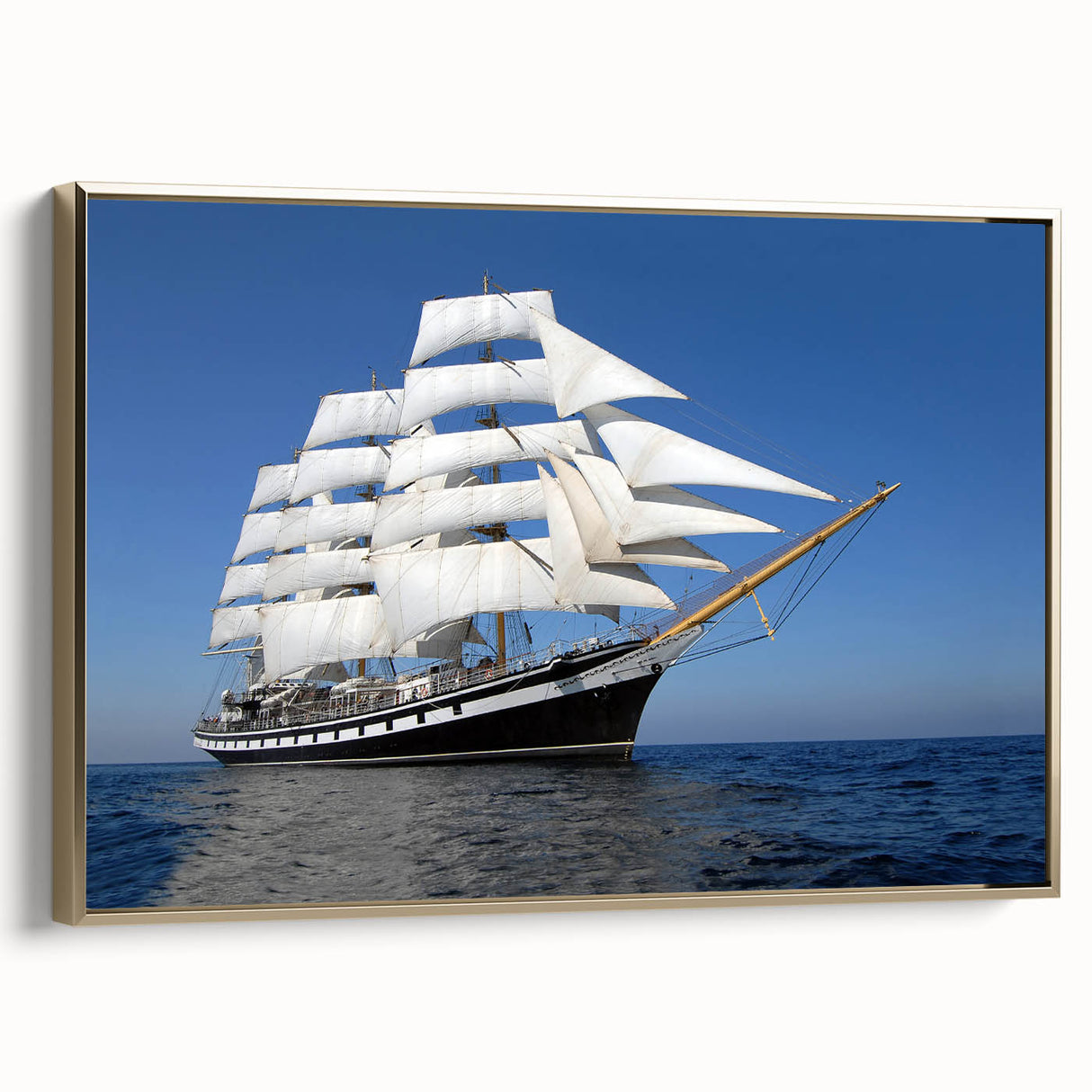 Framed vintage poster art of a ship in landscape, primarily in black, ideal for bedroom wall art.