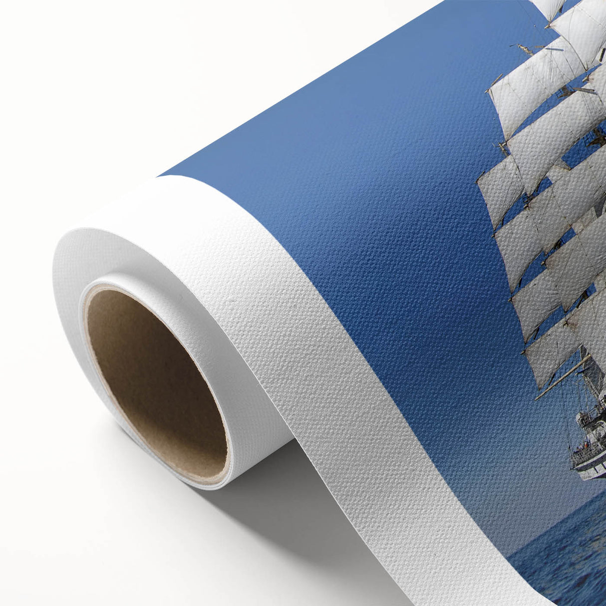 Art deco style poster of a vintage boat on rolled canvas, using muted blue and white tones, ideal for nursery wall art.