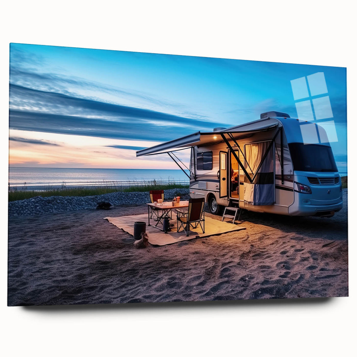 Side view of a caravan in muted earth tones on acrylic glass, suitable as large abstract bedroom or dining room art.