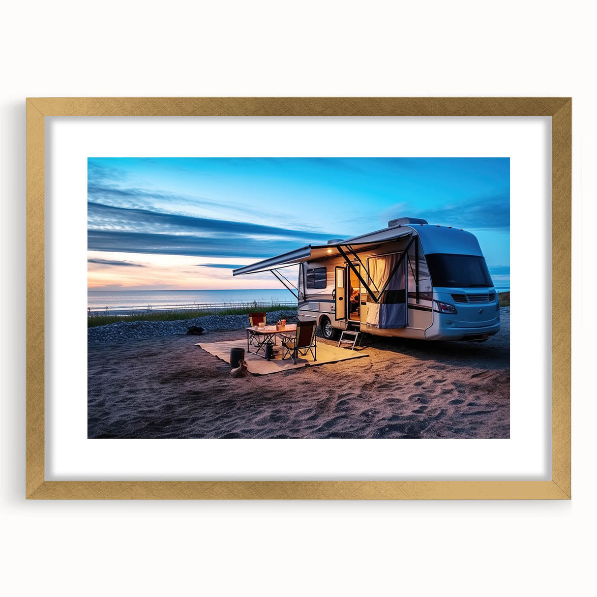 Textured art print featuring an abstract caravan design in muted earth tones, framed in gold, ideal for bedroom decor.