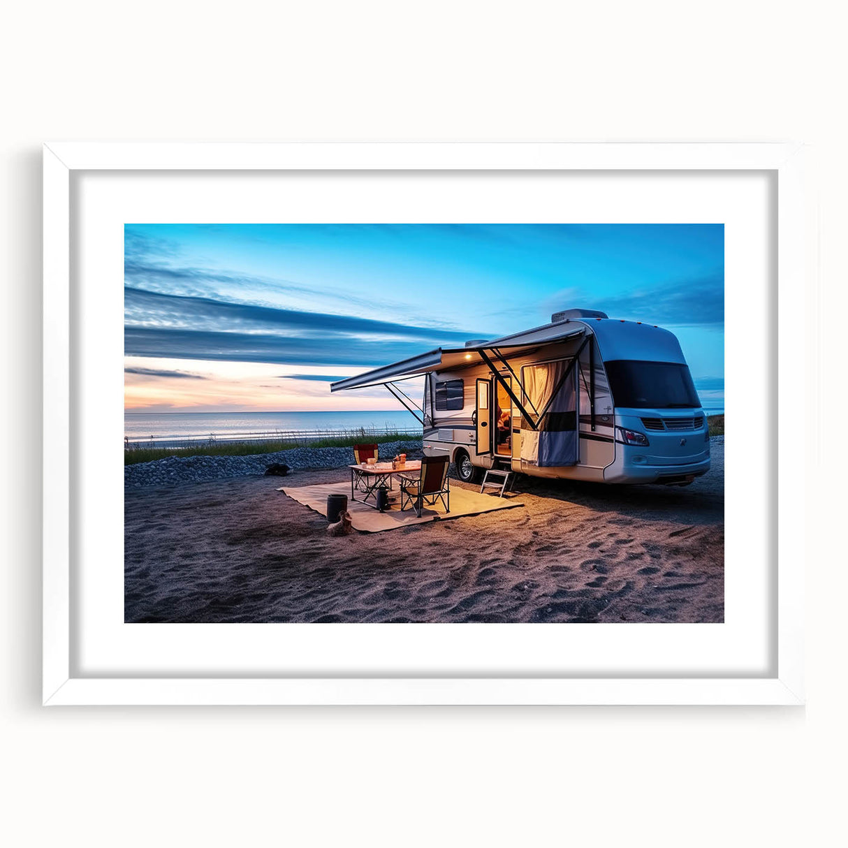 Extra large abstract art print of a textured caravan, in muted earth tones on a framed white canvas.