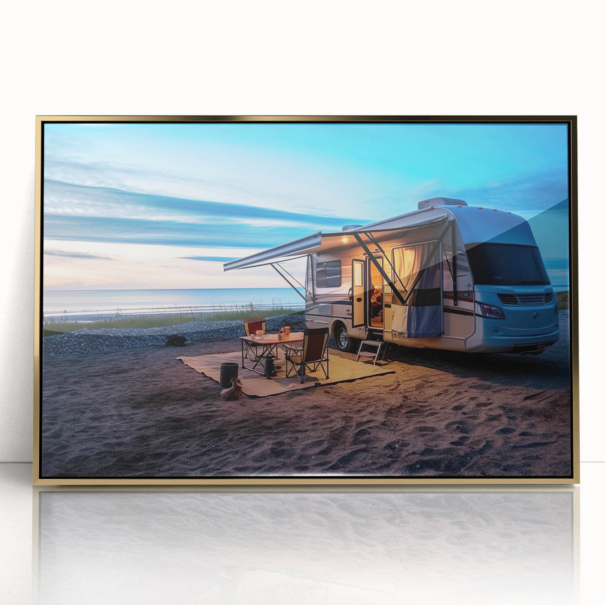 Mid-century modernist art deco poster featuring a caravan, with gold and brown tones on acrylic, ideal for nursery wall art.