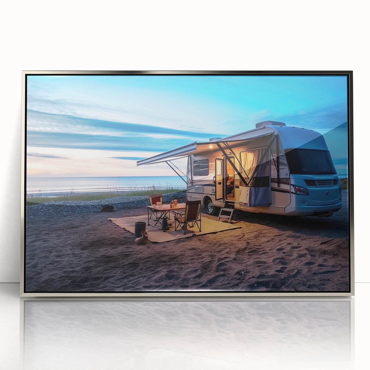 Art deco poster of a vintage caravan in silver and gray tones on a framed acrylic, ideal for nursery wall decor.