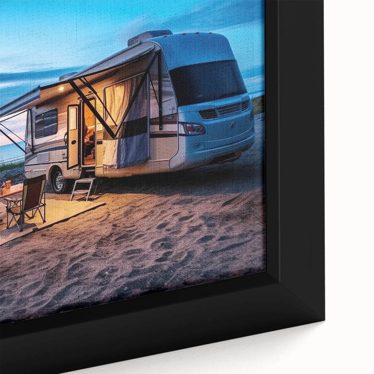 A close-up of extra large black wall art featuring a colorful, textured caravan design on a framed canvas.