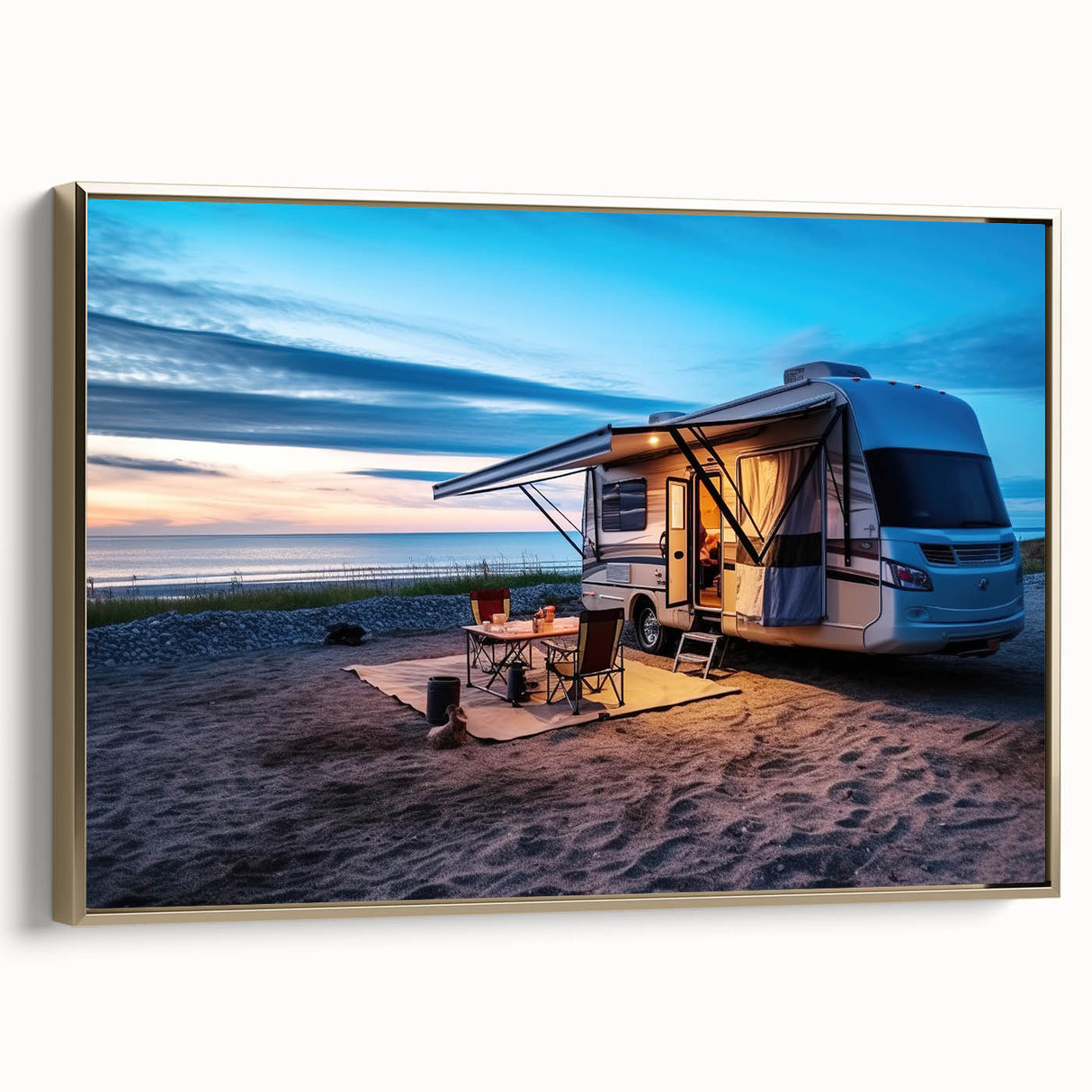 Framed canvas featuring a vintage caravan in a colorful landscape, ideal for living room decor.