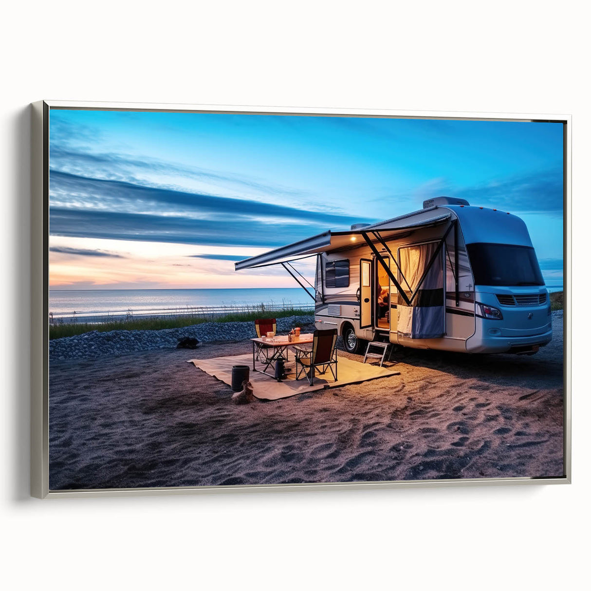 Vintage poster art of a colorful caravan on black framed canvas, suitable for extra large living room wall.