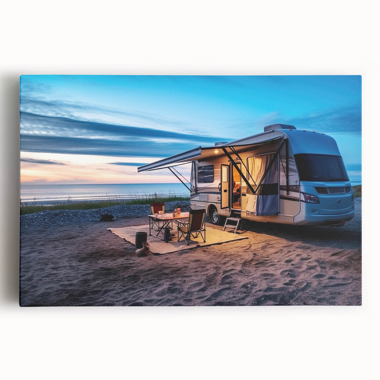 Black and white stretched canvas featuring a vintage caravan, perfect for kitchen art.