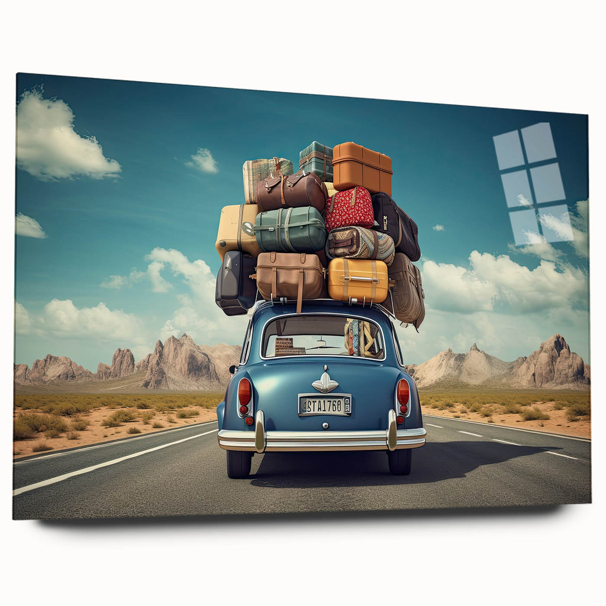 Side view of a caravan depicted in large abstract wall art on acrylic glass, featuring neutral and earthy tones.