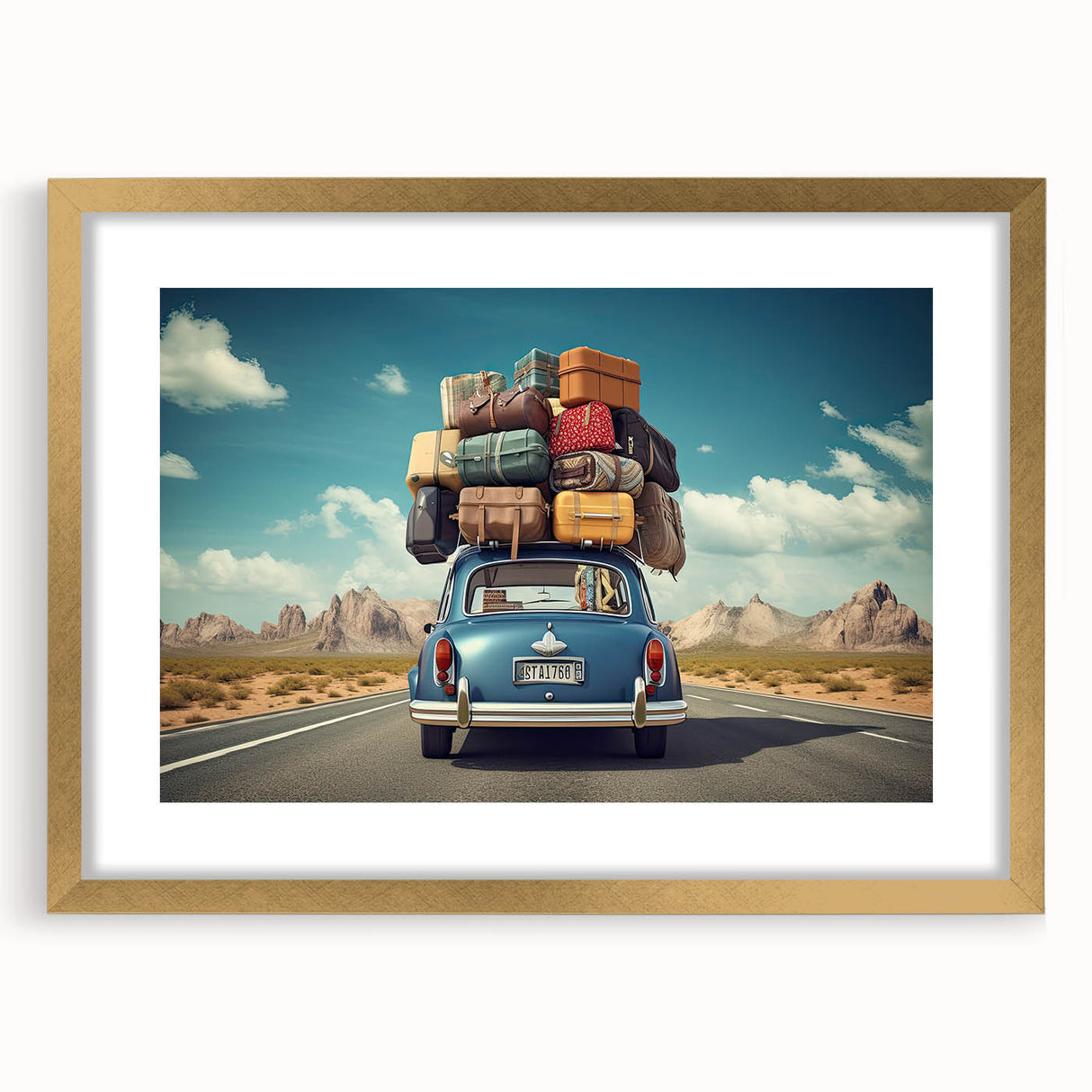 Textured abstract art print of a caravan in muted earth tones on a gold-framed canvas, ideal for bedroom art.