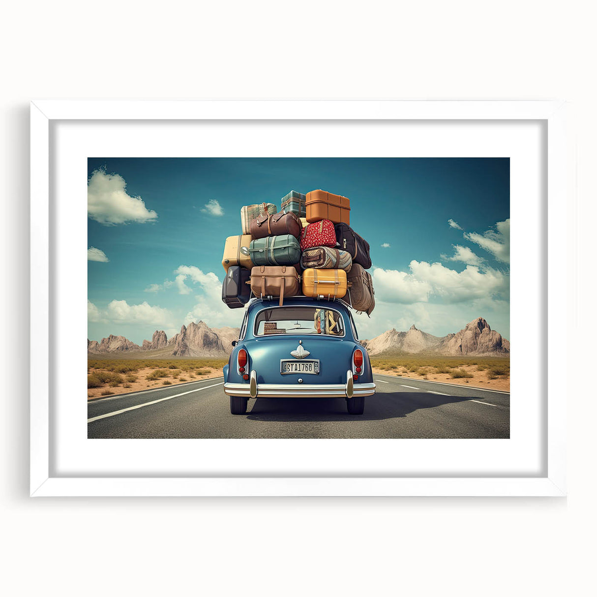 Extra large abstract art print of a caravan in textured shades of blue and gray, framed in white.