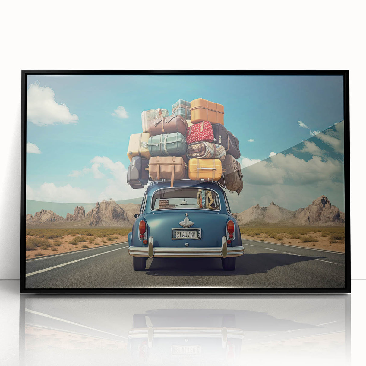 Large abstract wall art depicting a caravan in mid-century modernist style, framed in black acrylic.