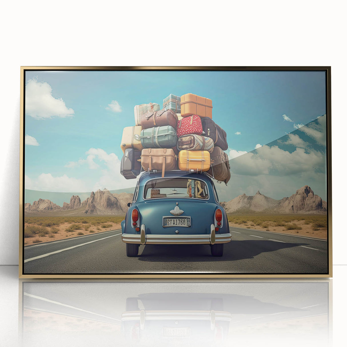 Mid-century modernist art of a caravan in muted earth tones on a framed acrylic, suitable for nursery wall art.