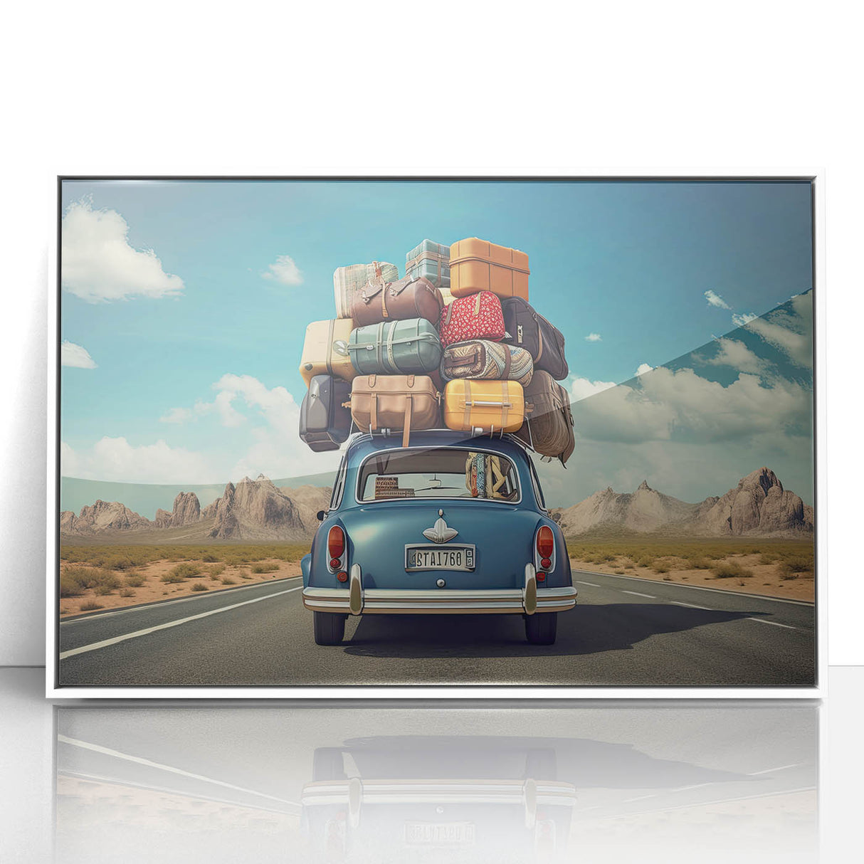 Mid-century modernist caravan in soft pastel colors on a framed acrylic print, suitable for nursery wall art.