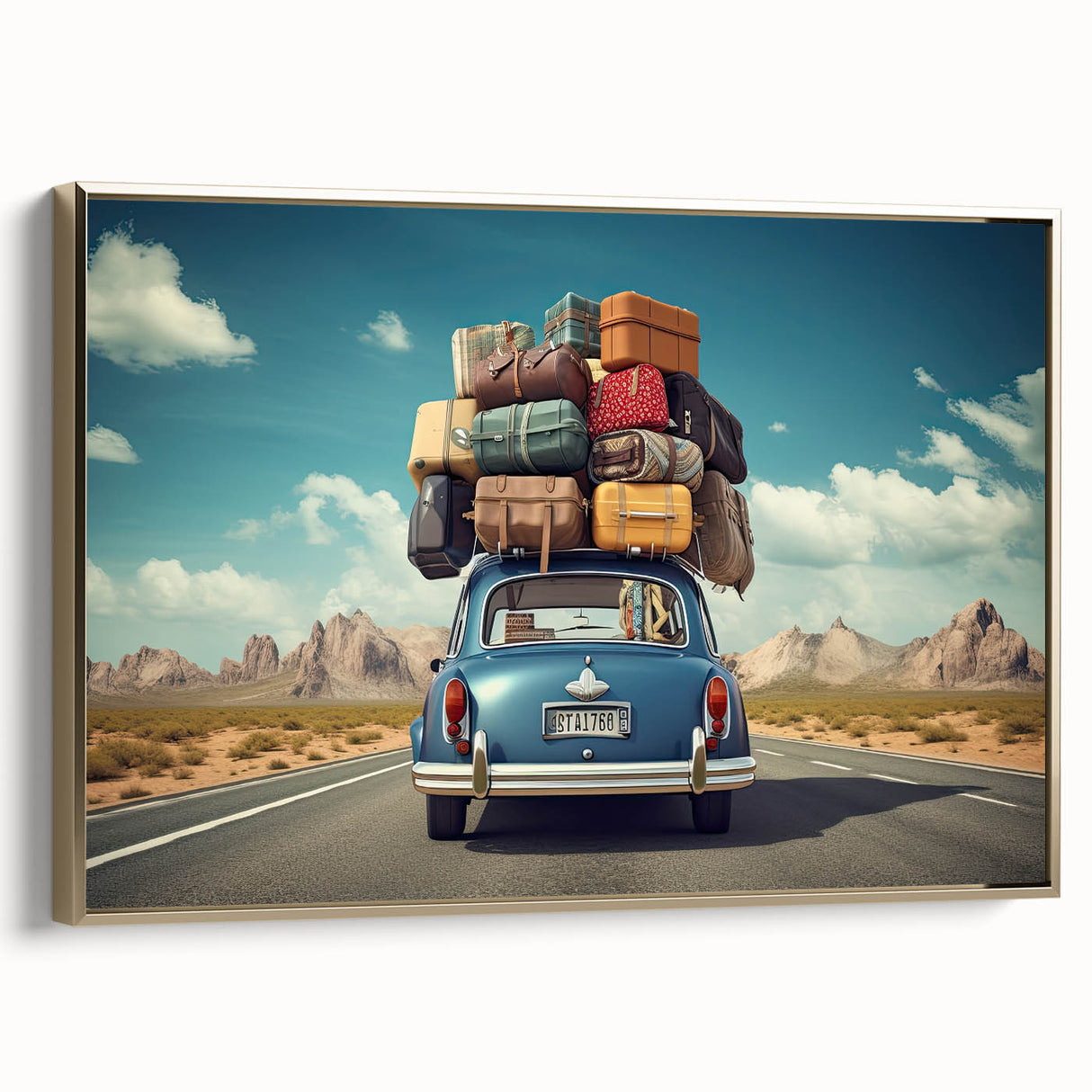 Framed canvas featuring a vintage caravan in a landscape, rendered in colorful art style, ideal for living room decor.