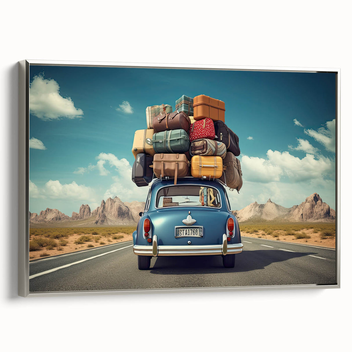 Vintage poster art of a colorful caravan on black background, framed canvas, ideal for living room decor.