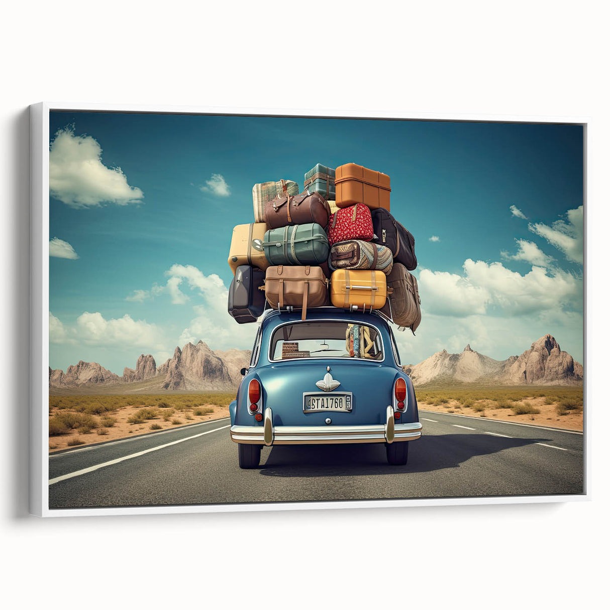 Framed canvas featuring a vintage caravan in a landscape, in black and white tones, ideal for bedroom wall art.