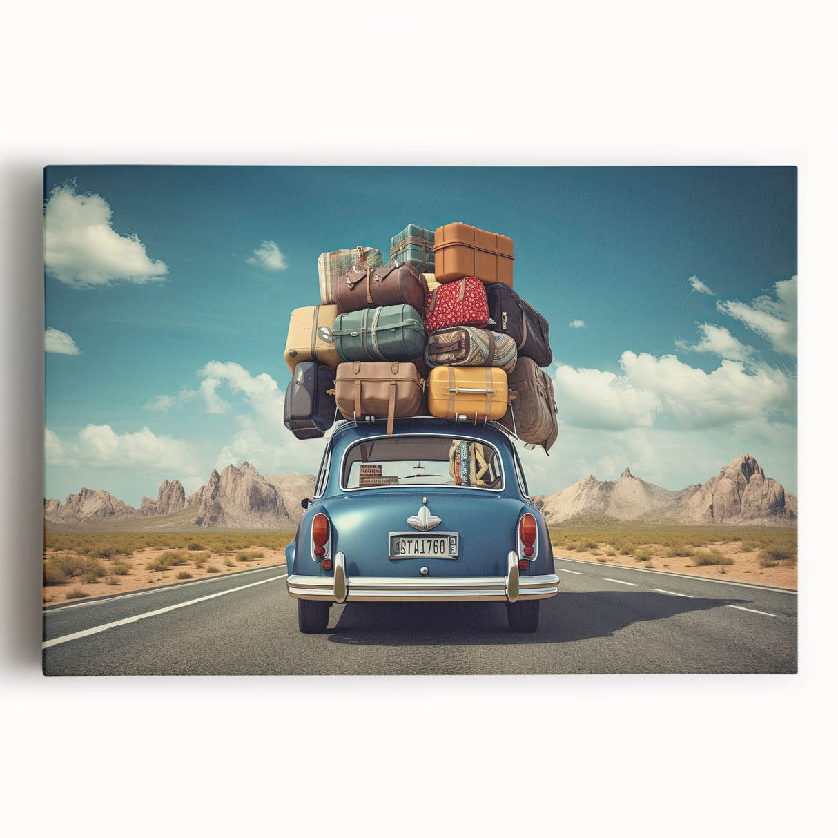 Black and white stretched canvas featuring a vintage caravan, ideal for kitchen wall art.