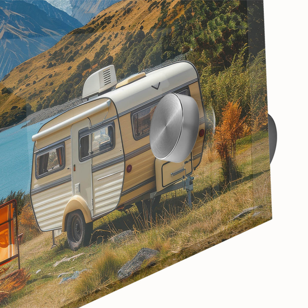 Large abstract wall art featuring a mid-century modernist caravan design in muted earth tones on acrylic glass.