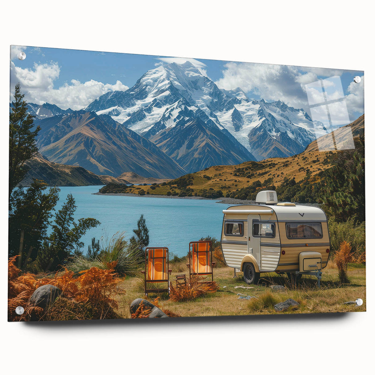 Side view of a caravan in monochrome, acrylic glass print, suitable for bedroom or dining room decor.