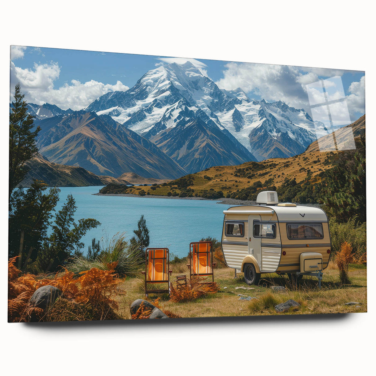 Side view of a caravan depicted in large abstract style on acrylic glass, ideal for bedroom or dining room art.