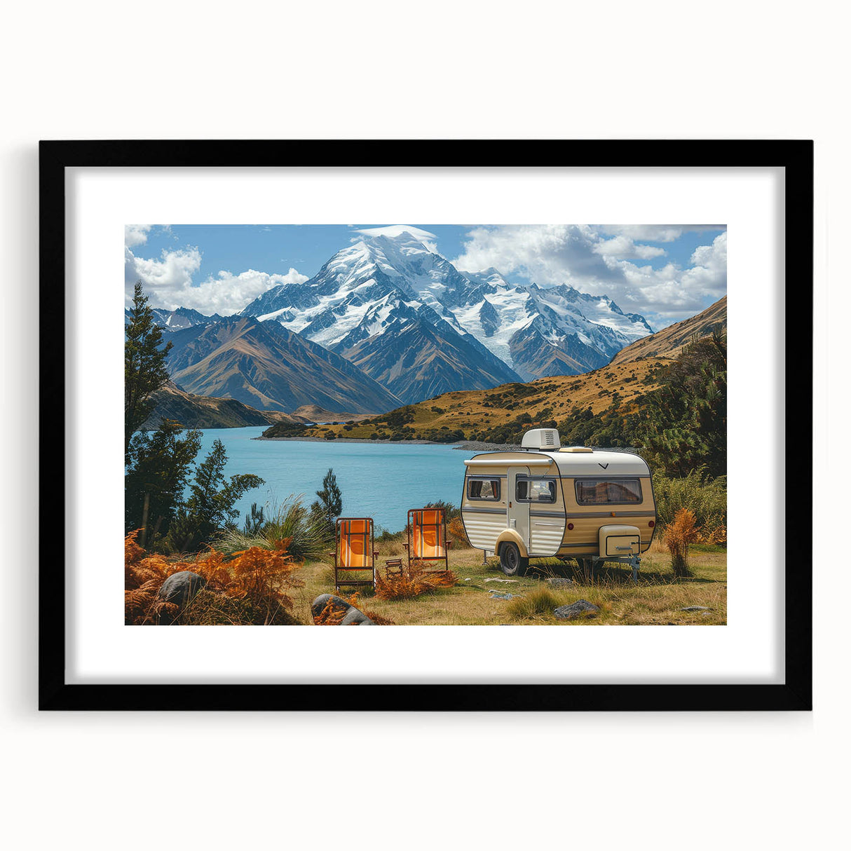 Abstract art print of a colorful caravan, featuring vibrant and textured hues, framed in black, ideal for living room decor.