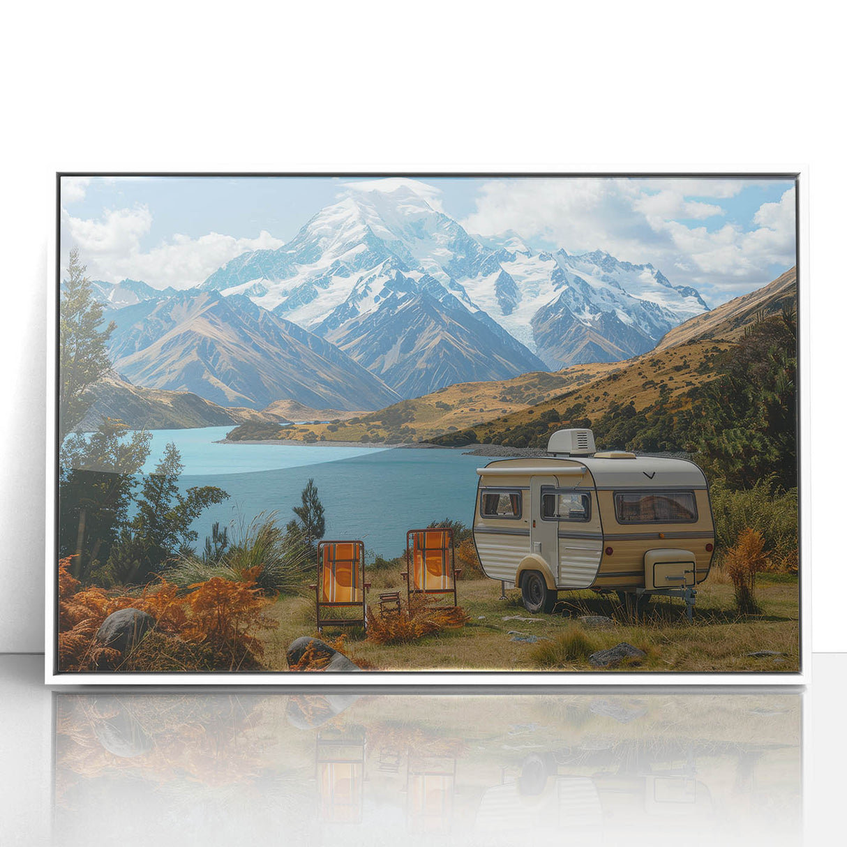 Mid-century modernist caravan illustration in muted earth tones, framed acrylic, ideal for nursery wall art.