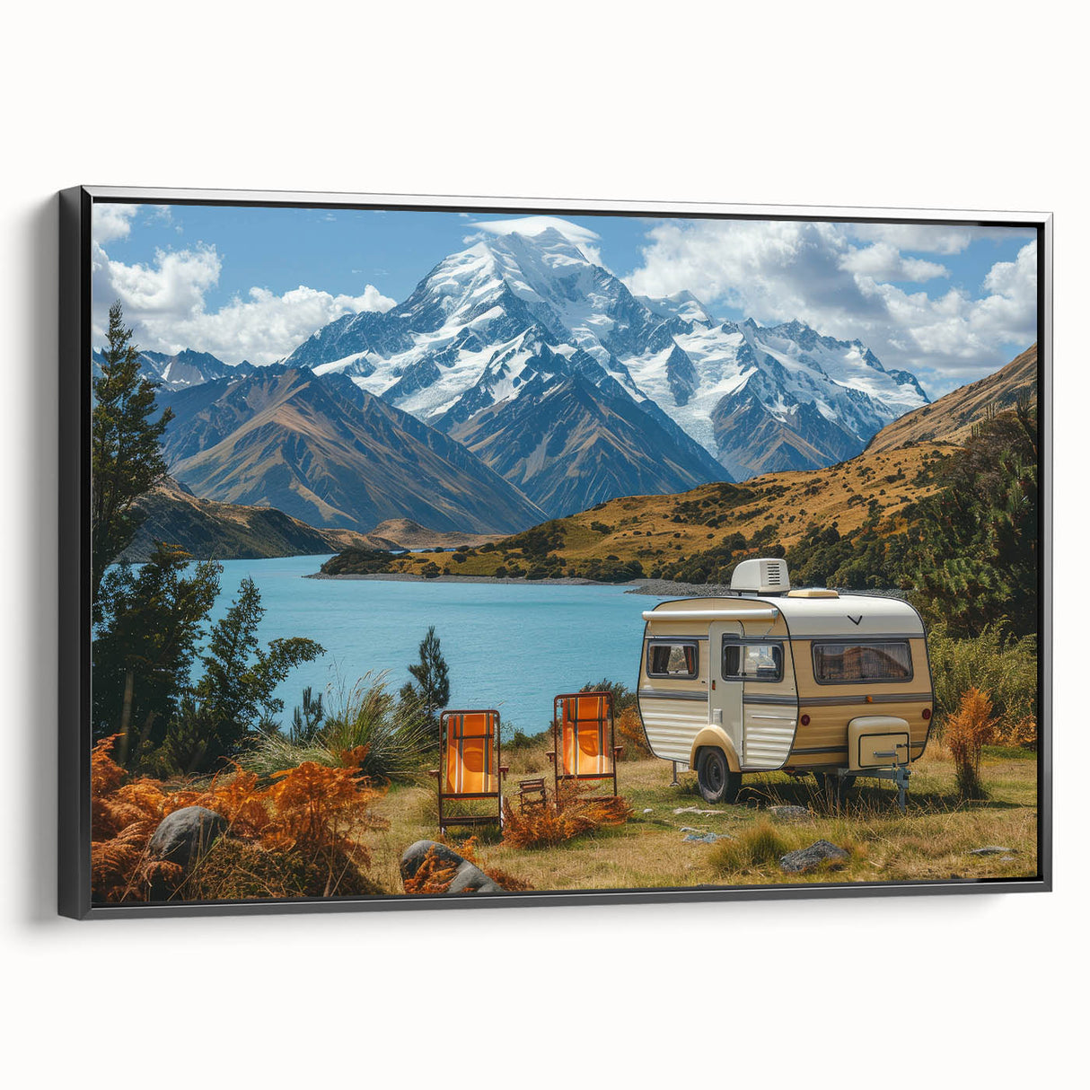 Black and white framed canvas featuring a vintage caravan in a landscape setting, ideal for bedroom wall art.