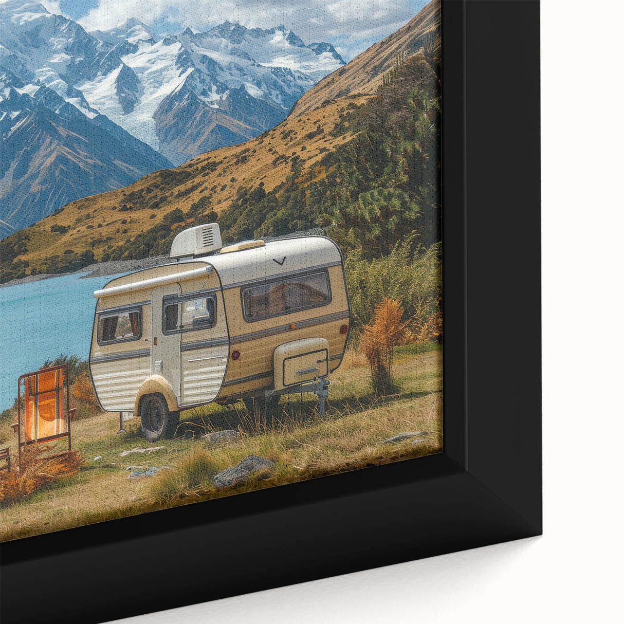 Framed canvas featuring a black caravan with colorful, textured details, ideal for extra large living room wall art.