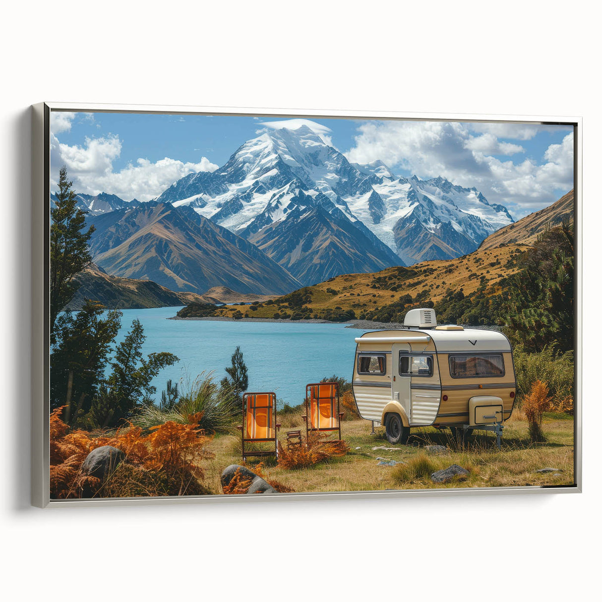 Vintage poster art of a silver caravan on a black background, framed canvas, ideal for living room decor.