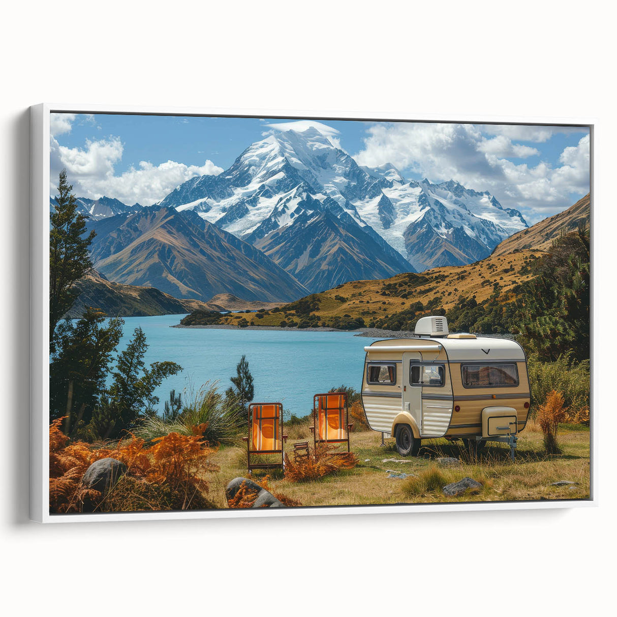 Framed canvas featuring a vintage caravan in a landscape setting with muted earth tones, ideal for bedroom wall art.
