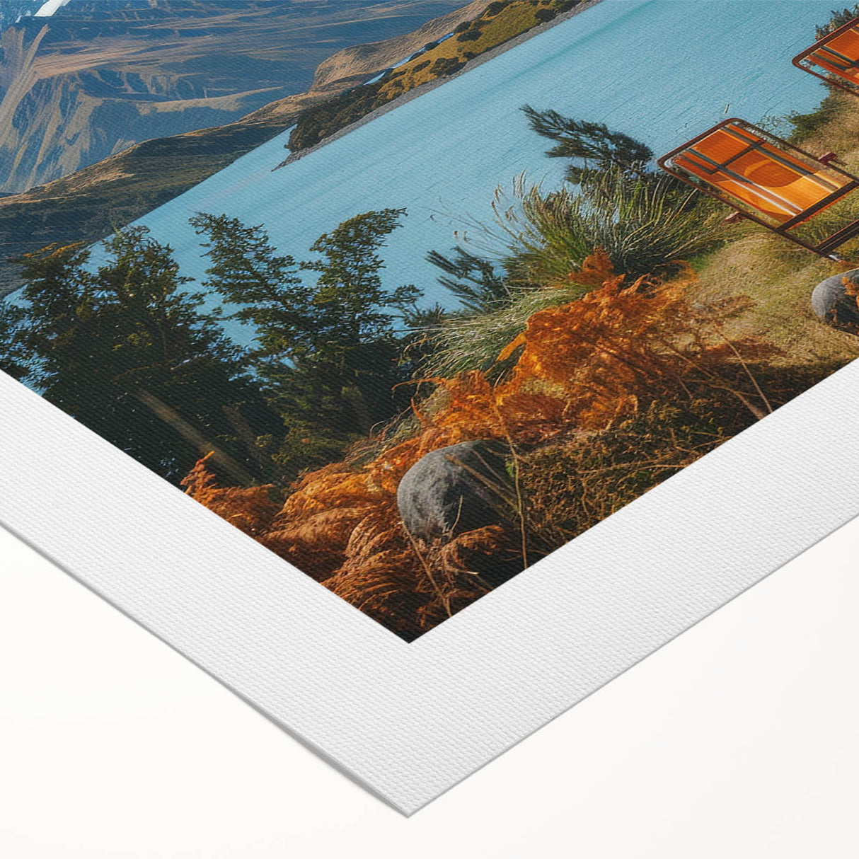 Art deco poster featuring a caravan in muted earth tones on a rolled canvas, suitable for dining room decor.