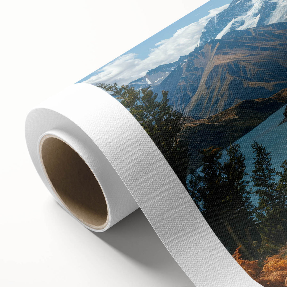 Art deco style caravan illustration in muted pastel colors on rolled canvas, ideal for nursery wall art.